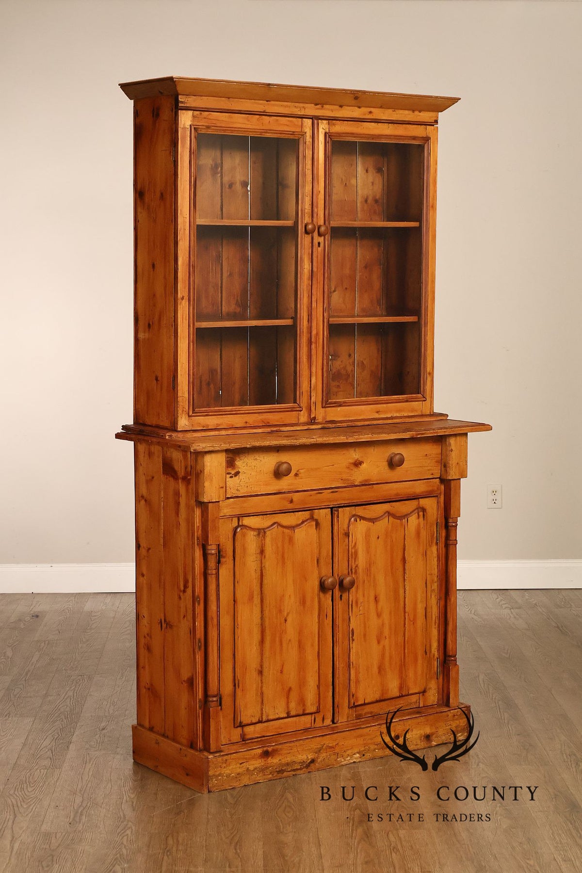 Antique Pitch Pine Four Door Stepback Cupboard With Glass Doors And Drawer