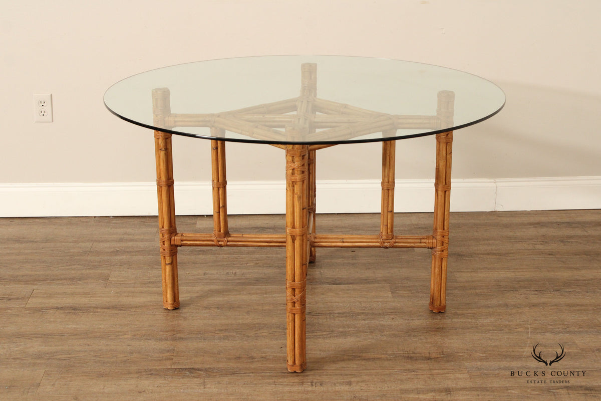 Hollywood Regency Vintage Round Glass Top Rattan Dining Table