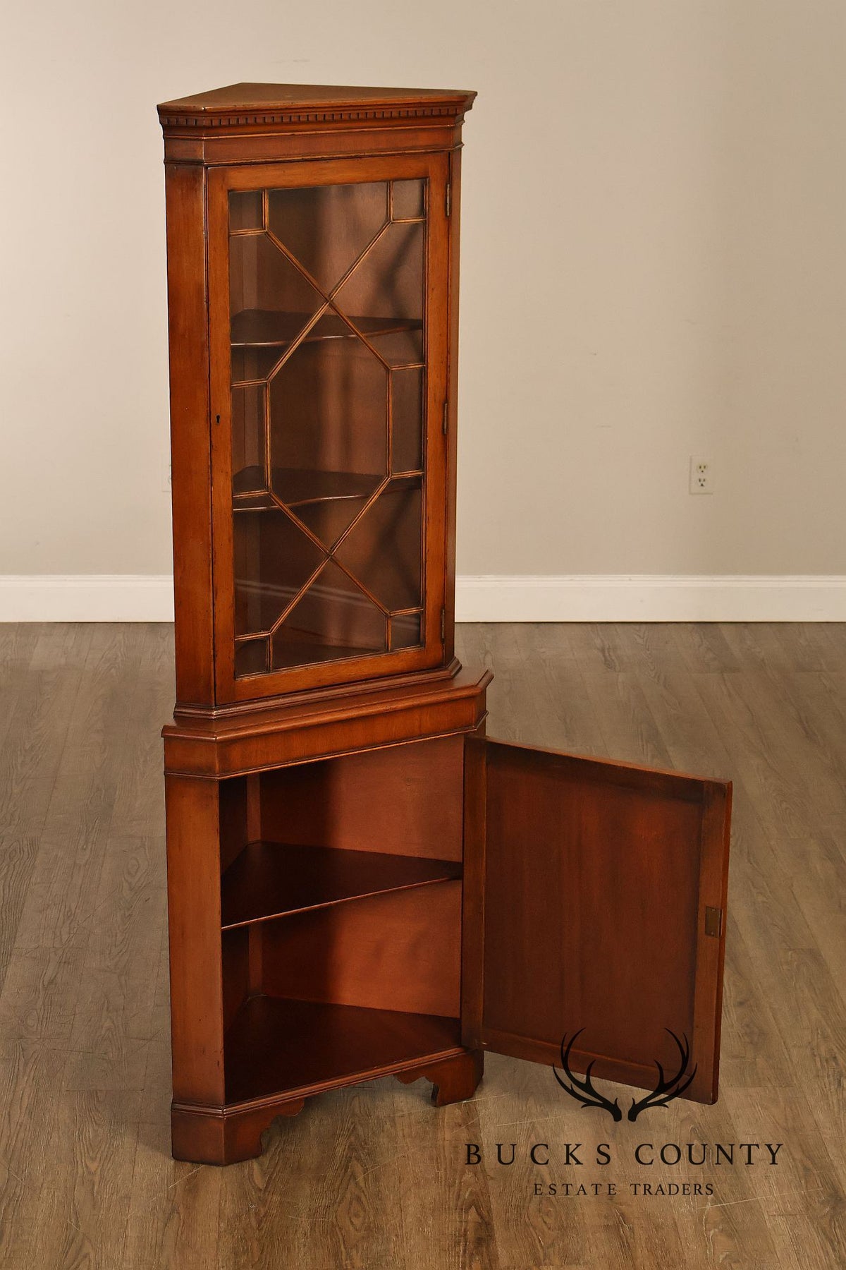 Georgian Style Narrow Mahogany Corner Cabinet With Geometric Glass Door