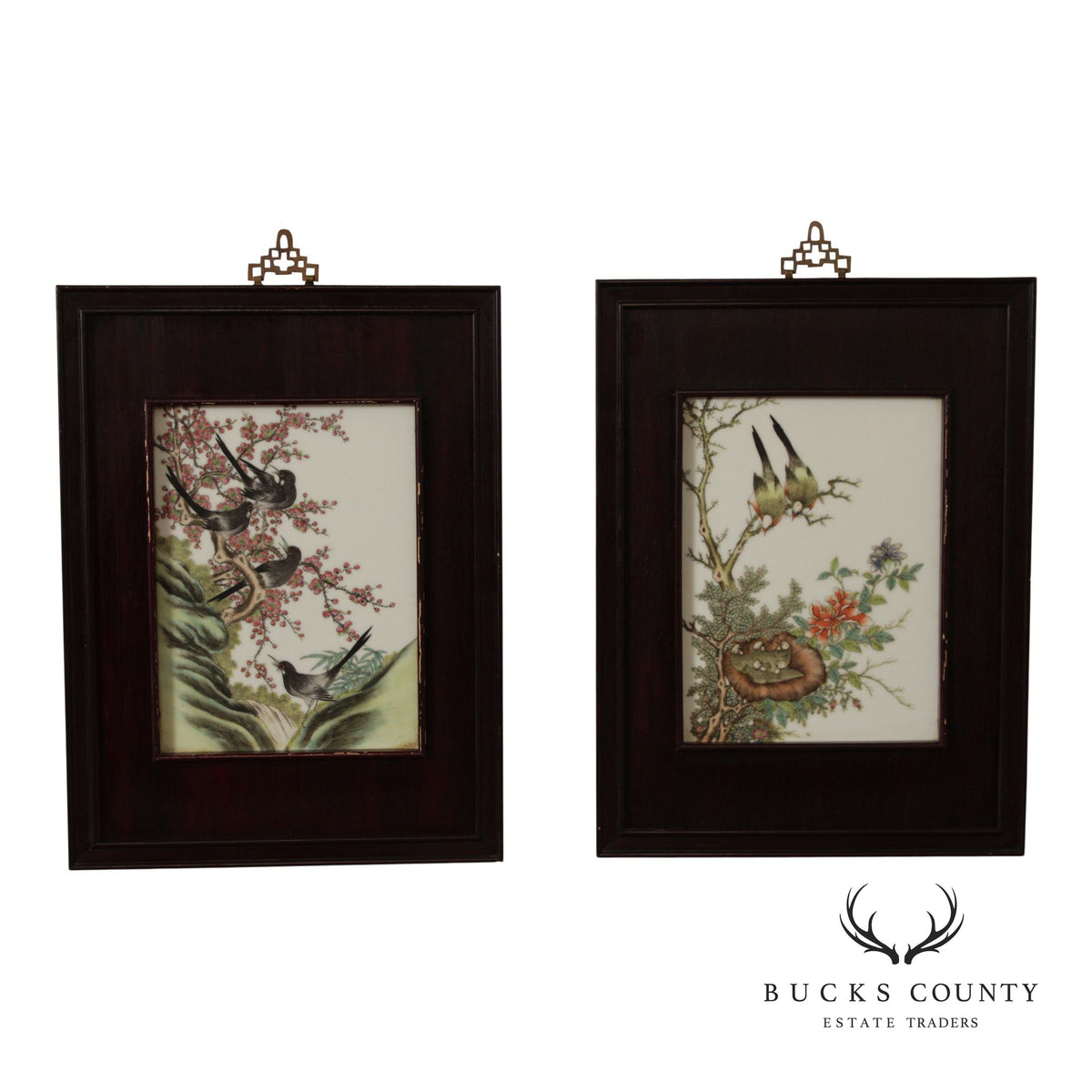 Vintage Chinese Pair of Hand Painted Porcelain Plaques