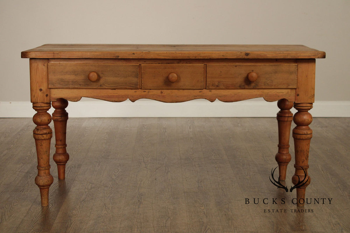 Antique Rustic Pine Farmhouse Table With Turned Legs