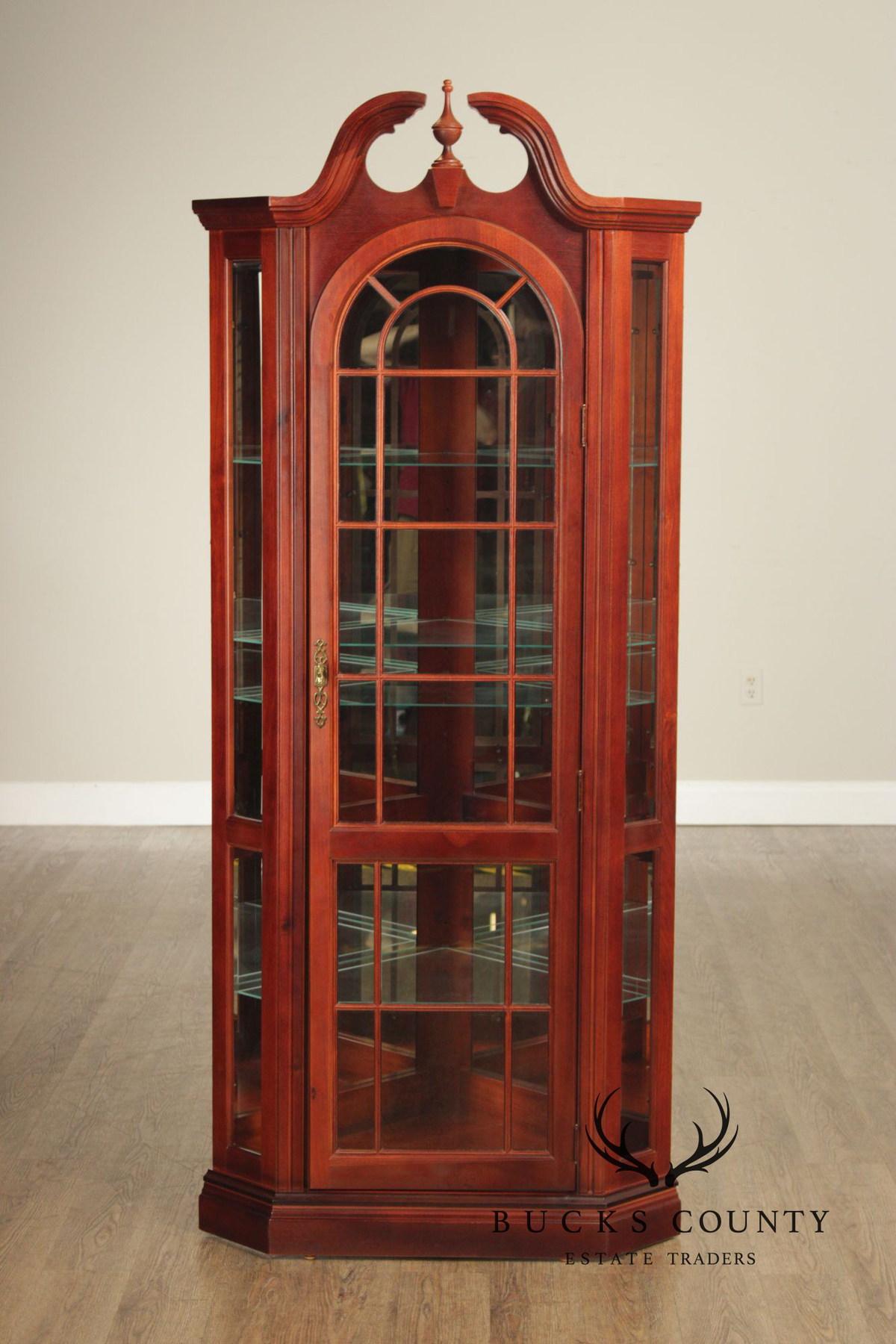 Pulaski Traditional Lighted Cherry Corner Curio Cabinet With Arched Pediment