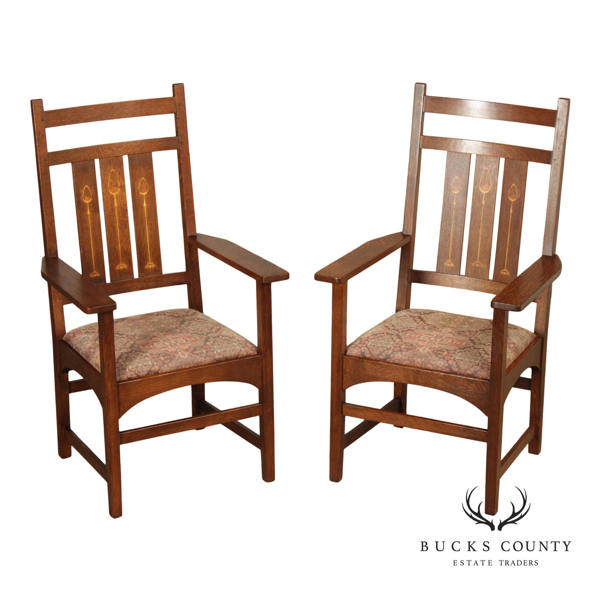 Stickley Mission Collection Pair of Harvey Ellis Inlaid Oak Dining Armchairs