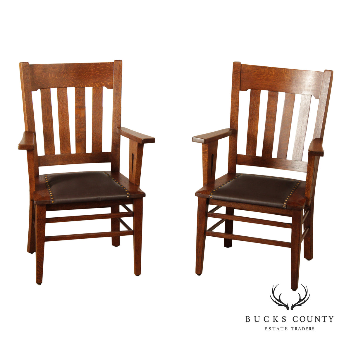 Antique Pair Of Arts & Crafts Style Oak Armchairs