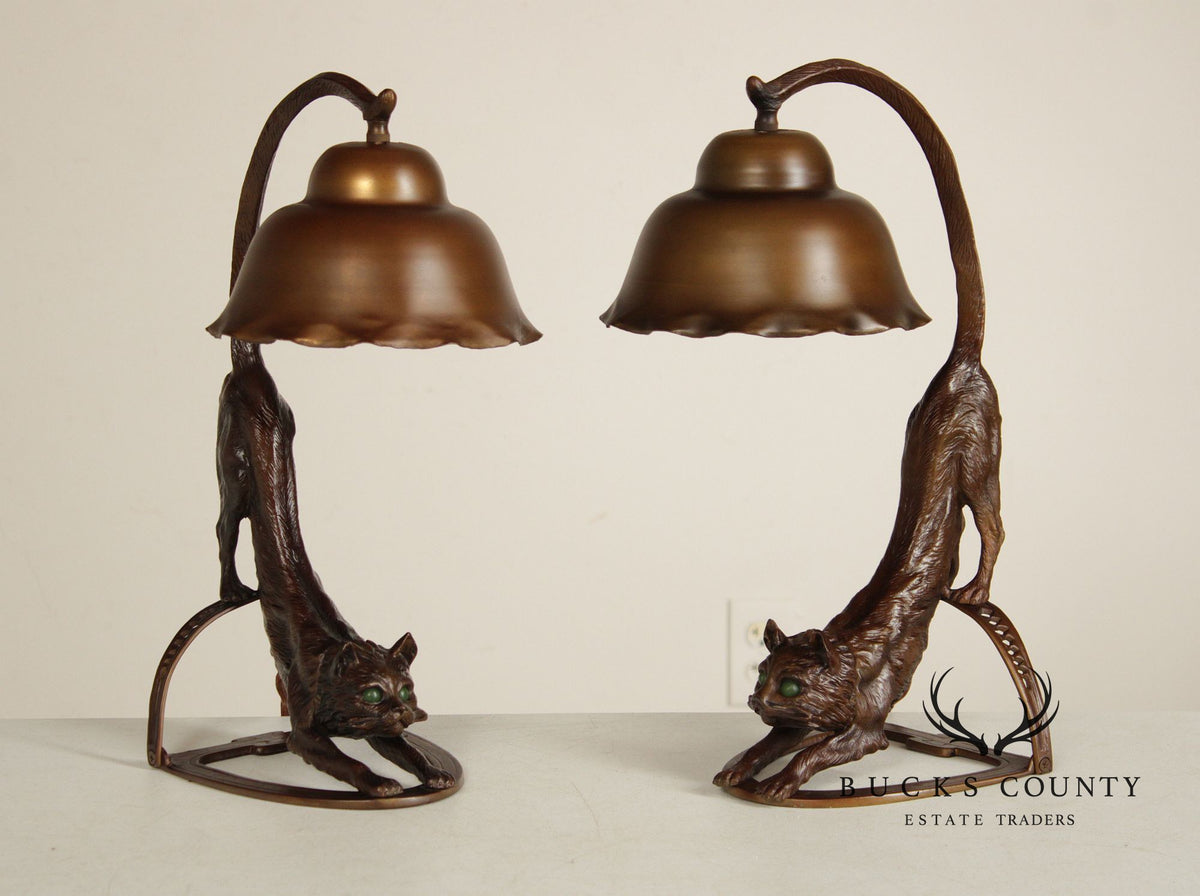 Art Deco Style Pair of Bronze Cat Desk Lamps