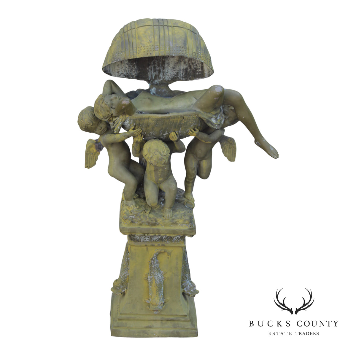 A. Moreau Verdigris Bronze Figural Fountain With Cherubs And Reclining Figure