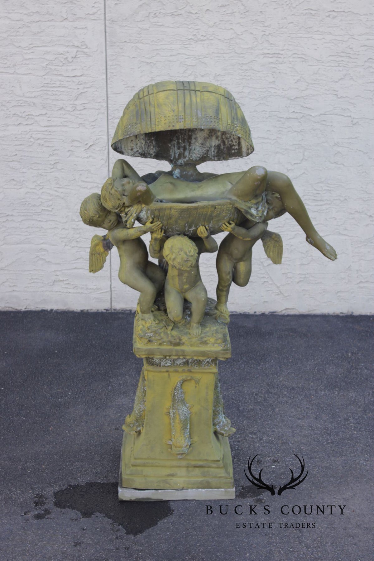 A. Moreau Verdigris Bronze Figural Fountain With Cherubs And Reclining Figure