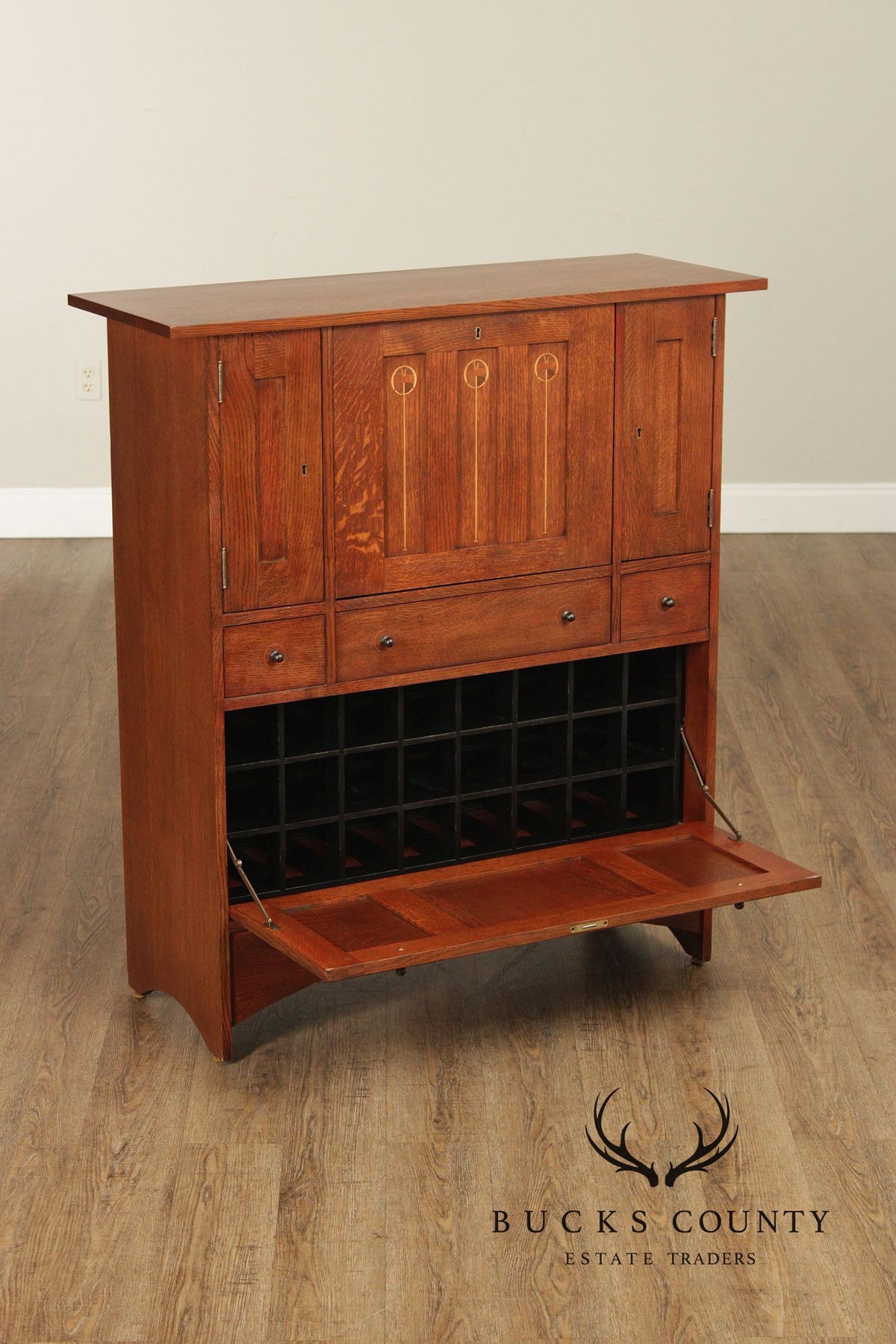 Stickley Mission Oak Harvey Ellis Inlaid Drop Front Secretary Desk And Wine Cabinet
