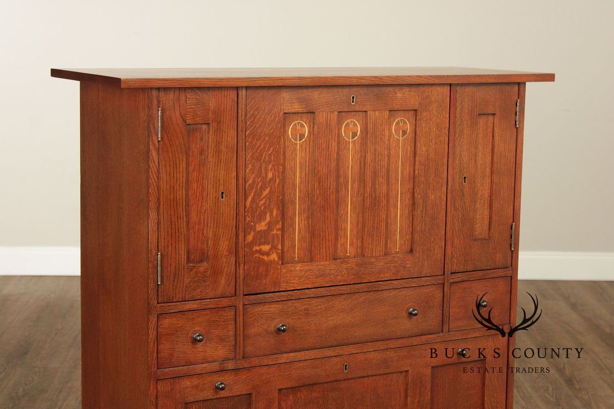 Stickley Mission Oak Harvey Ellis Inlaid Drop Front Secretary Desk And Wine Cabinet