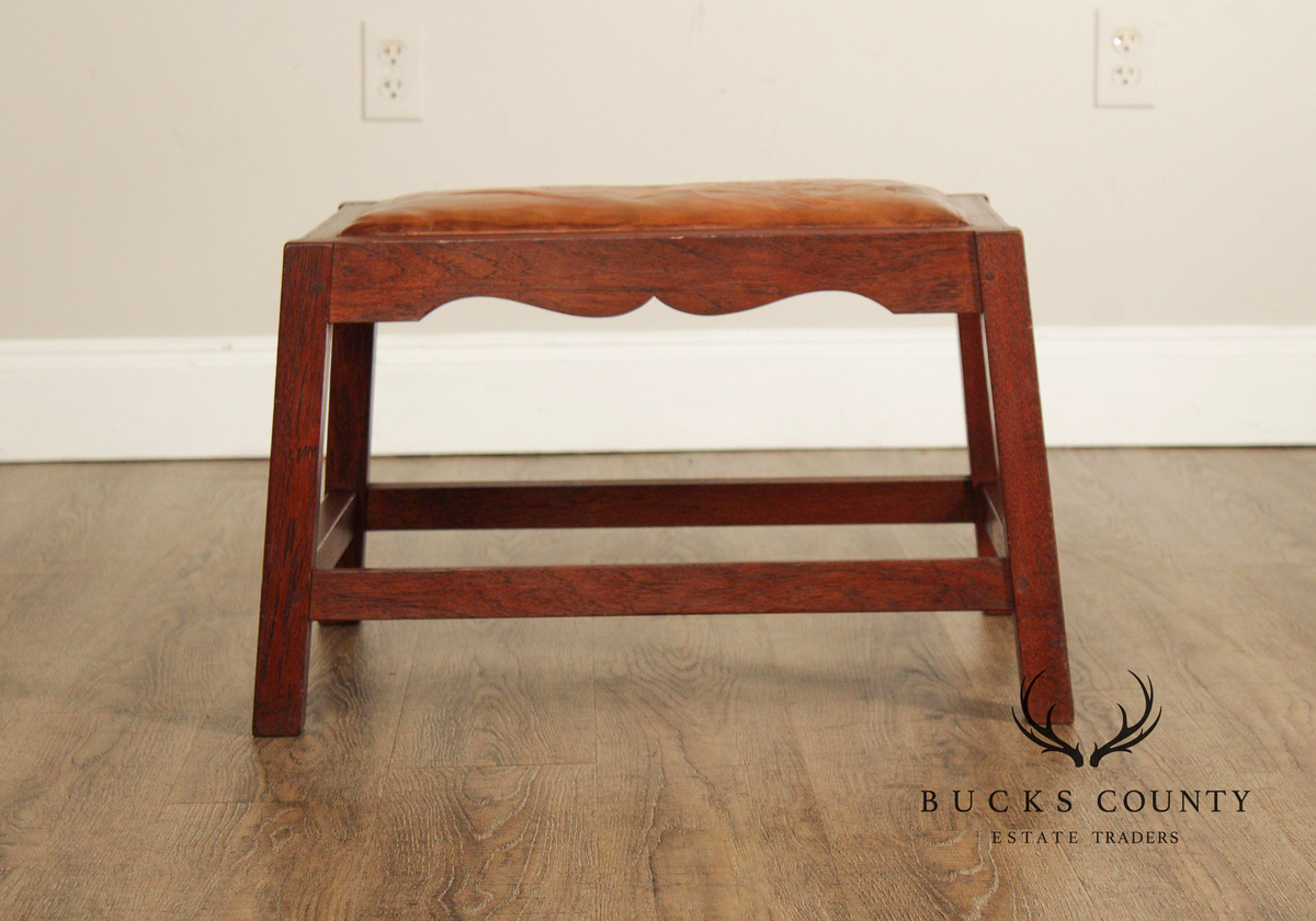 Arts & Crafts Leather Seat Oak Stool