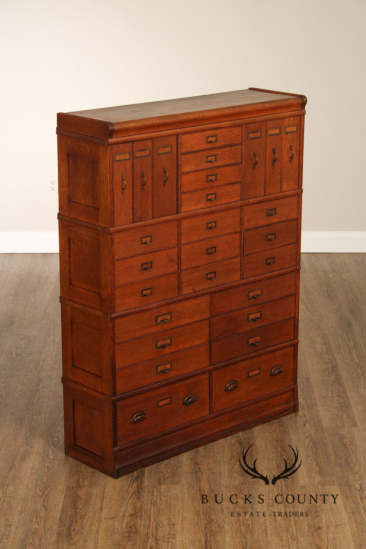 Antique Oak Multi Drawer Stacking Library File Cabinet