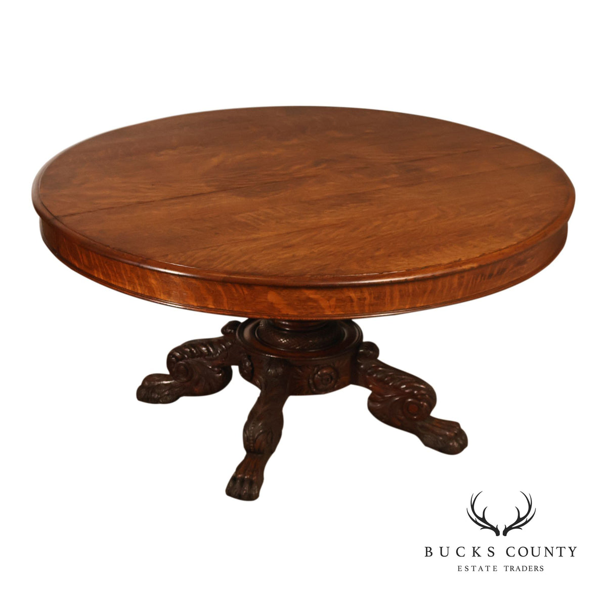 Antique 57 inch Round Oak Pedestal Dining Table With Carved Claw Feet