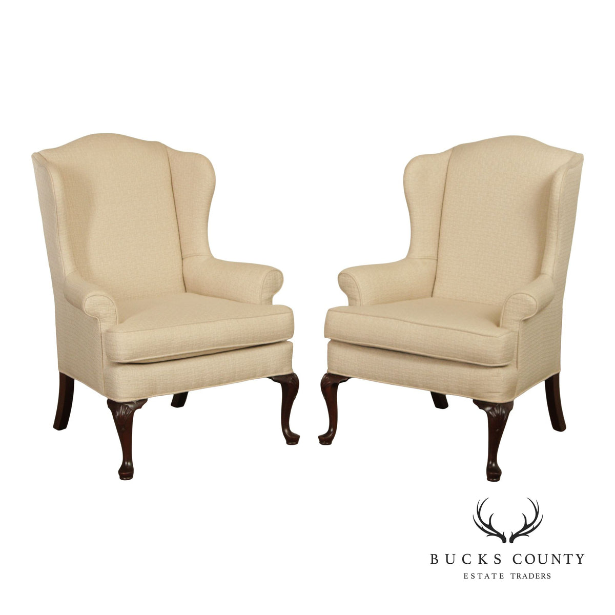 Queen Anne Style Pair of Mahogany Wing Chairs