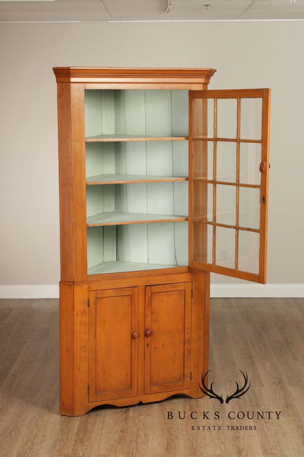 Antique Farmhouse Poplar Twelve-Pane Corner Cabinet