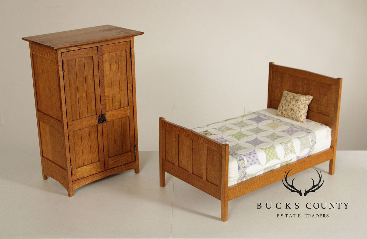 Stickley T.C. Timber Mission Oak Doll Furniture Collection Miniature Bed & Wardrobe Set