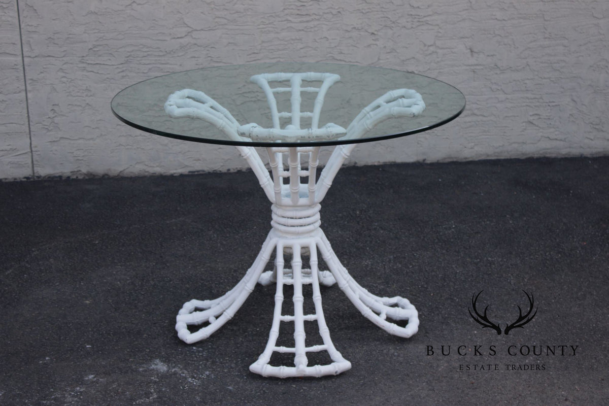 Hollywood Regency Cast Aluminum Faux Bamboo Round Glass Top Patio Table