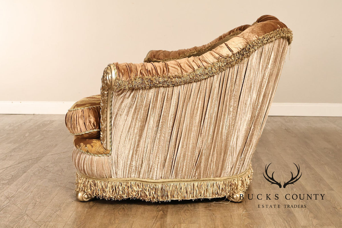 Tufted Rococo Camelback Sofa With Carved Gilt Trim