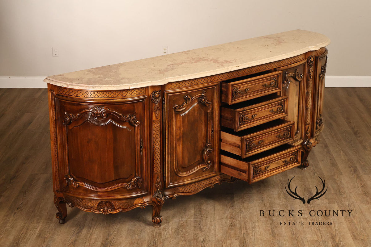 French Louis XV Style 106" Long Marble Top Walnut Sideboard
