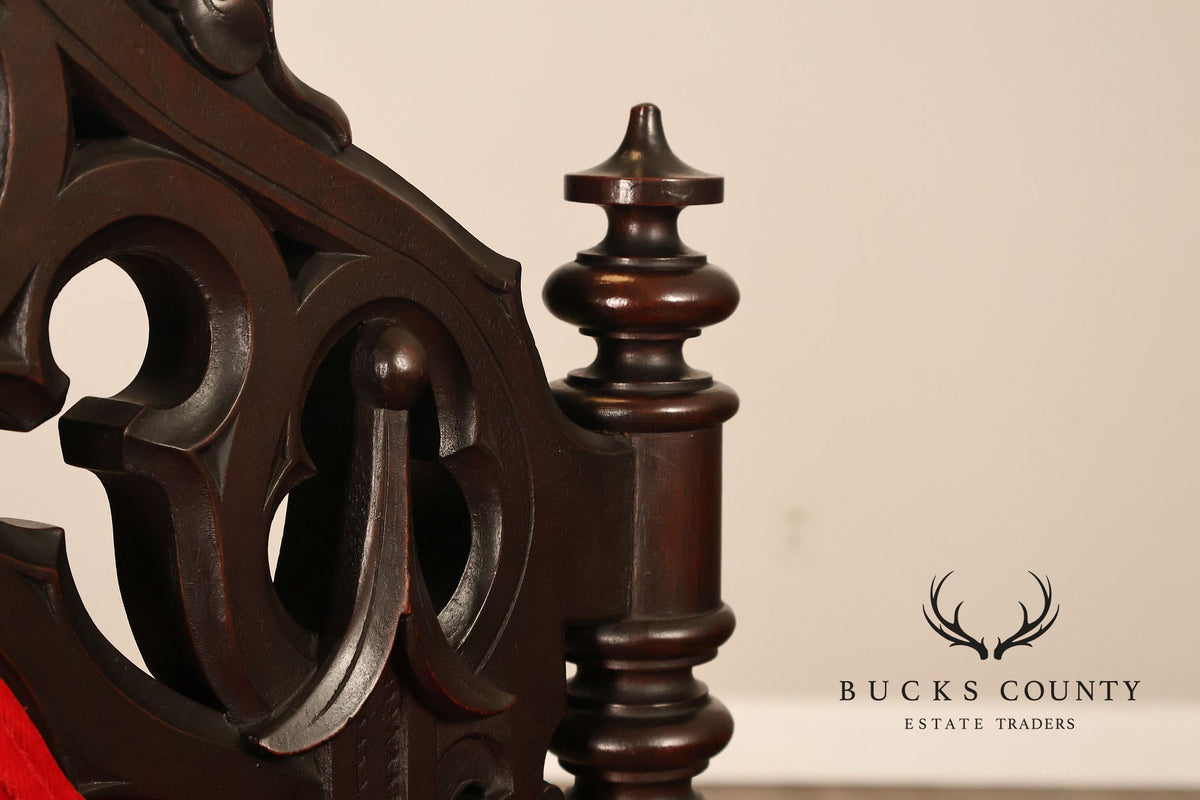 Gothic Revival Walnut Carved Wood Throne Pair Of Armchairs