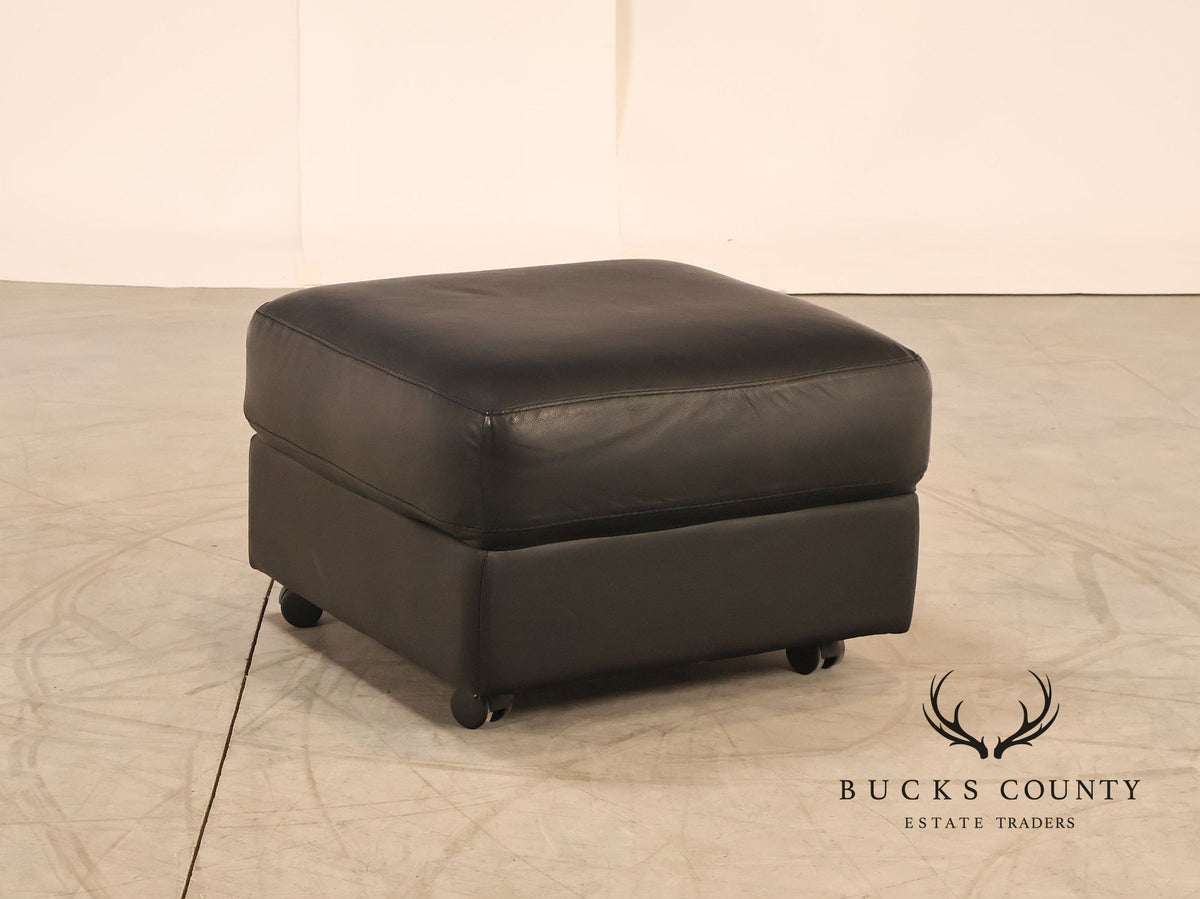 Brazialian Black Leather Modern Square Ottoman On Casters By Italsofa Bahia Ltda