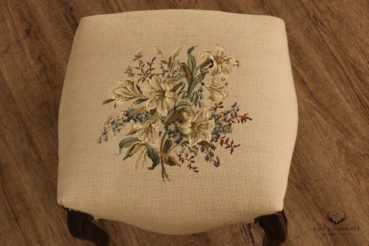 French Louis XV Style Needlepoint Foot Stool Ottoman