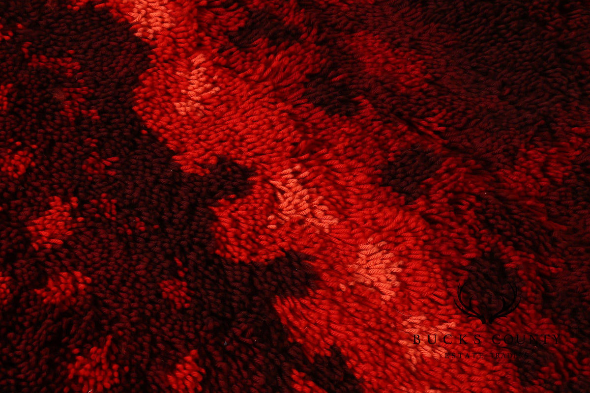 Mid Century Modern Scandinavian Rya Wool Abstract Red Shag Area Rug / Textile Wall Hanging by Ritva Puotila