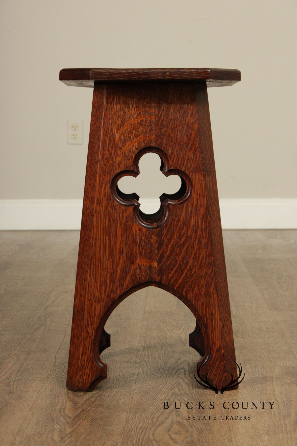 Arts and Crafts Antique Pair of Oak Cut-Out Taboret Side Tables