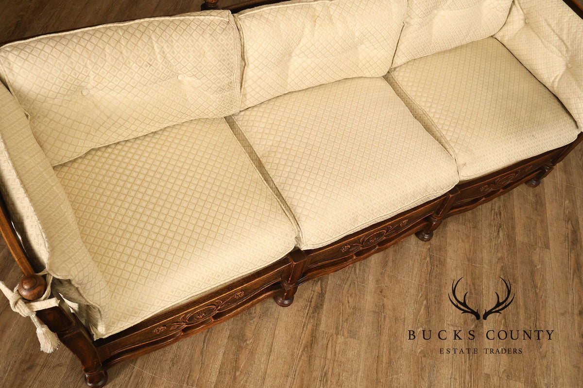 French Country Style Carved Oak Frame Three Seat Sofa