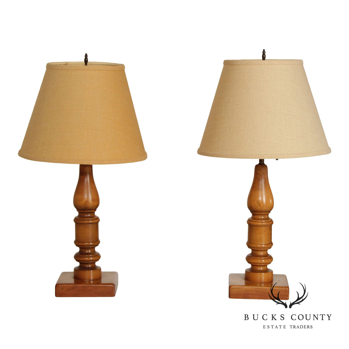 Colonial Revival Pair of Turned Cherry Wood Table Lamps