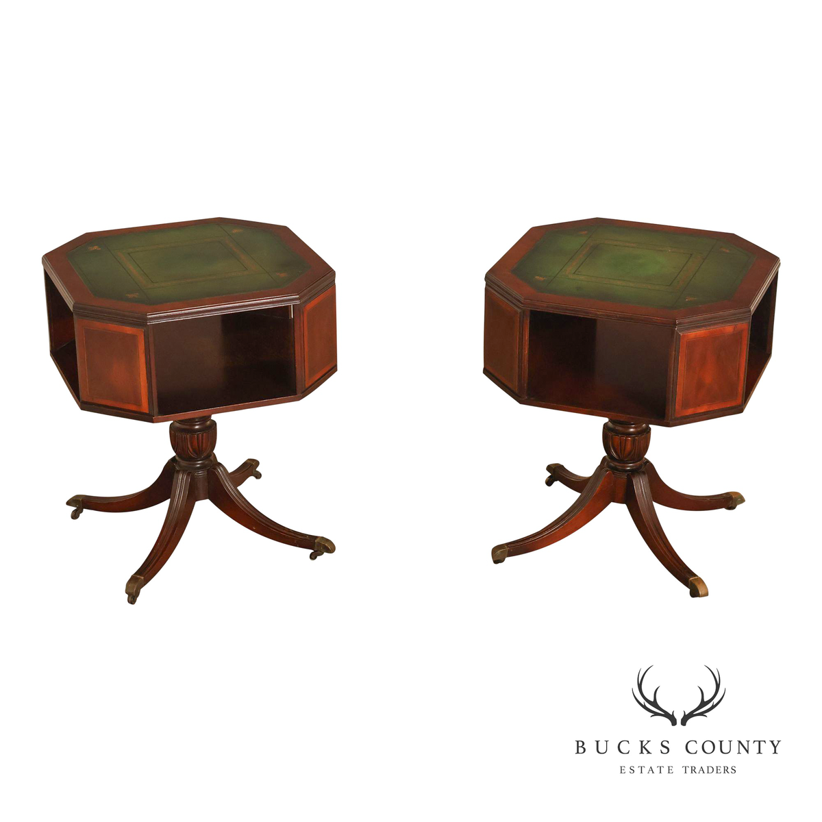 1940's Vintage Pair of Regency Style Mahogany Green Leather Top Pedestal Side Tables