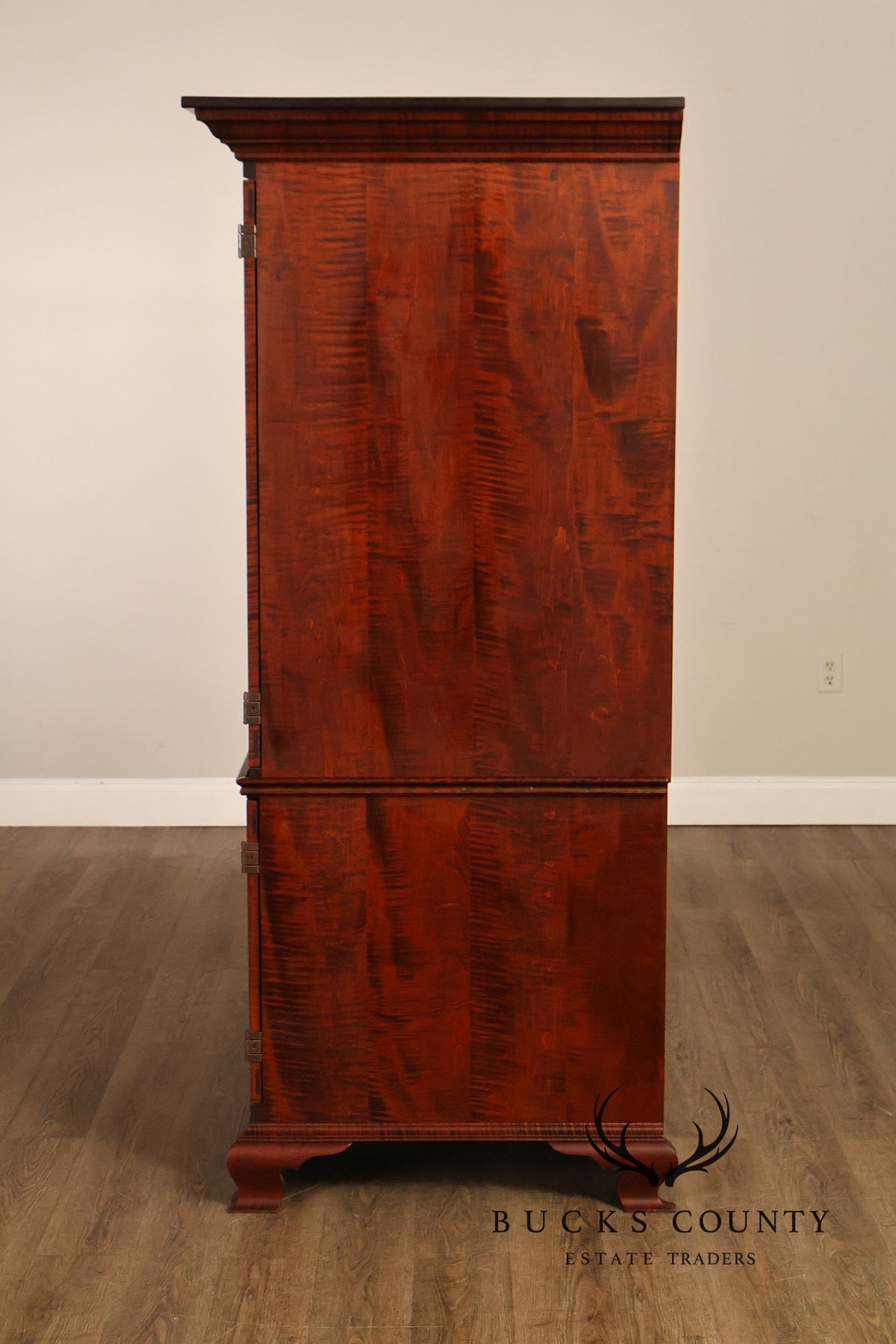 Custom Tiger Maple Two-Piece Four-Door Cabinet Armoire