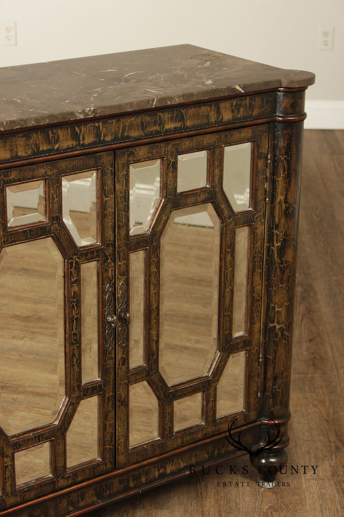 Hollywood Regency Style Pair Of Mirrored Cabinets With Marble Tops