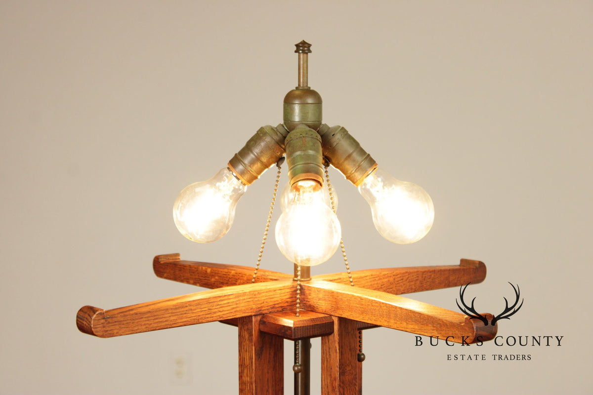 Pair Michael Adams – Aurora Studios Prairie School Oak & Stained Glass Floor Lamps