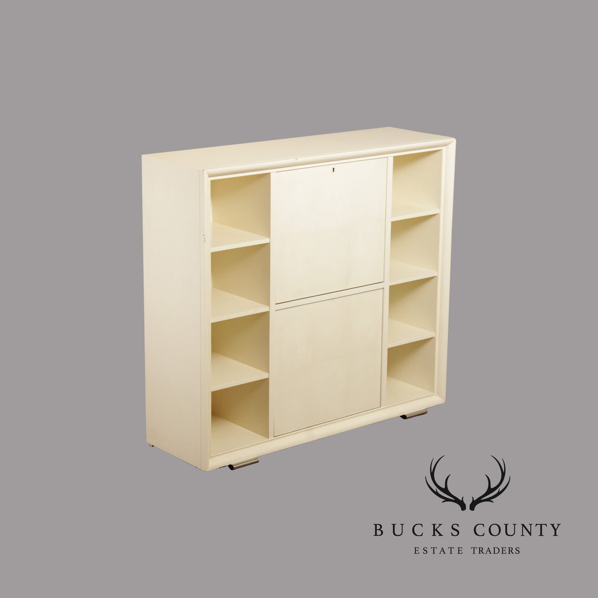 Modern White Lacquer Dry Bar Cabinet With Hidden Mahogany Interior And Rotating Shelves