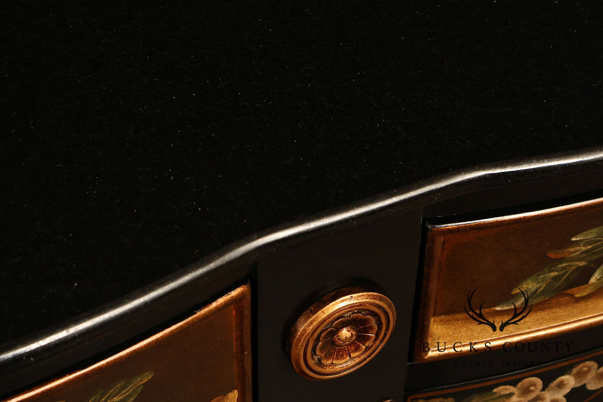 French Provincial Style Black Lacquer Hand-Painted Fruit Basket Sideboard