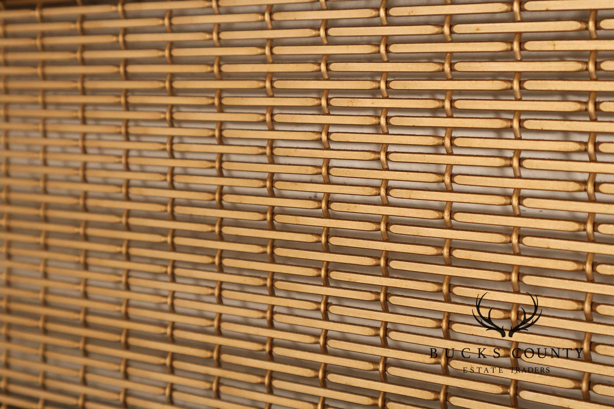 Mid Century Modern Pair of Walnut and Woven Brass Wall Mirrors