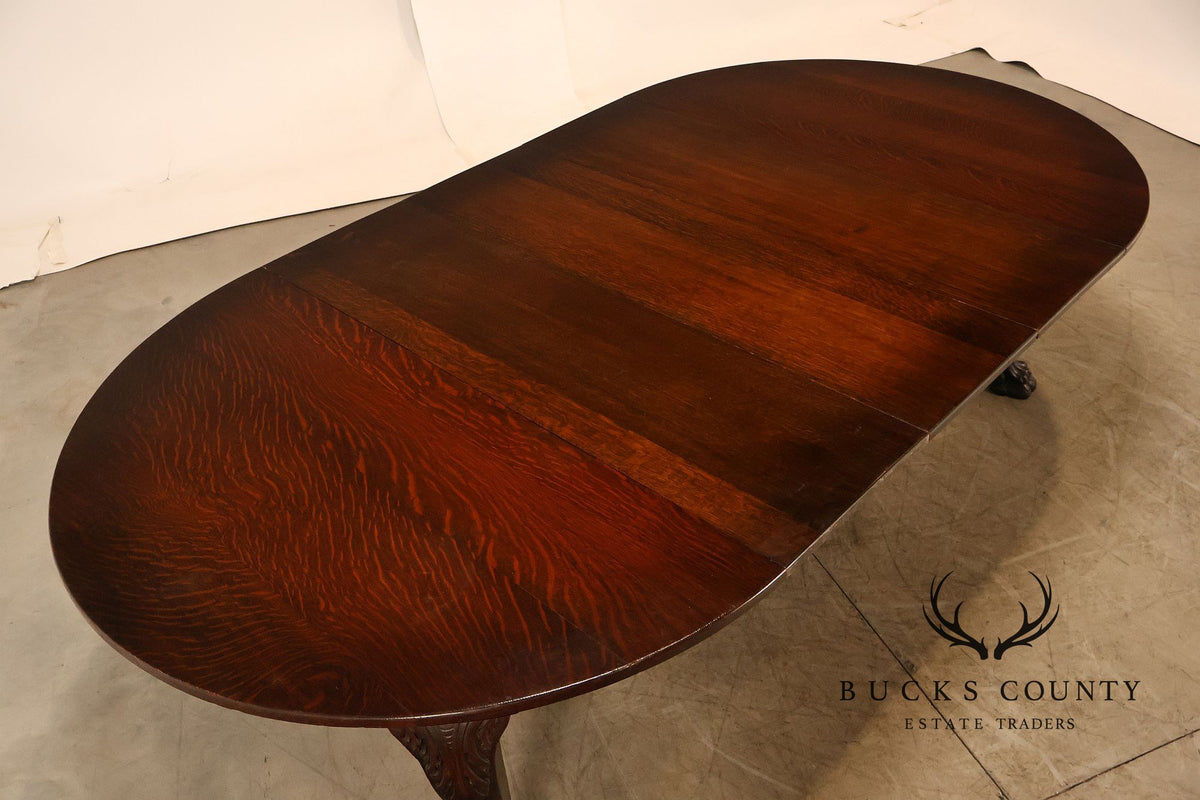 Antique Renaissance Revival Round Oak Expandable Dining Table