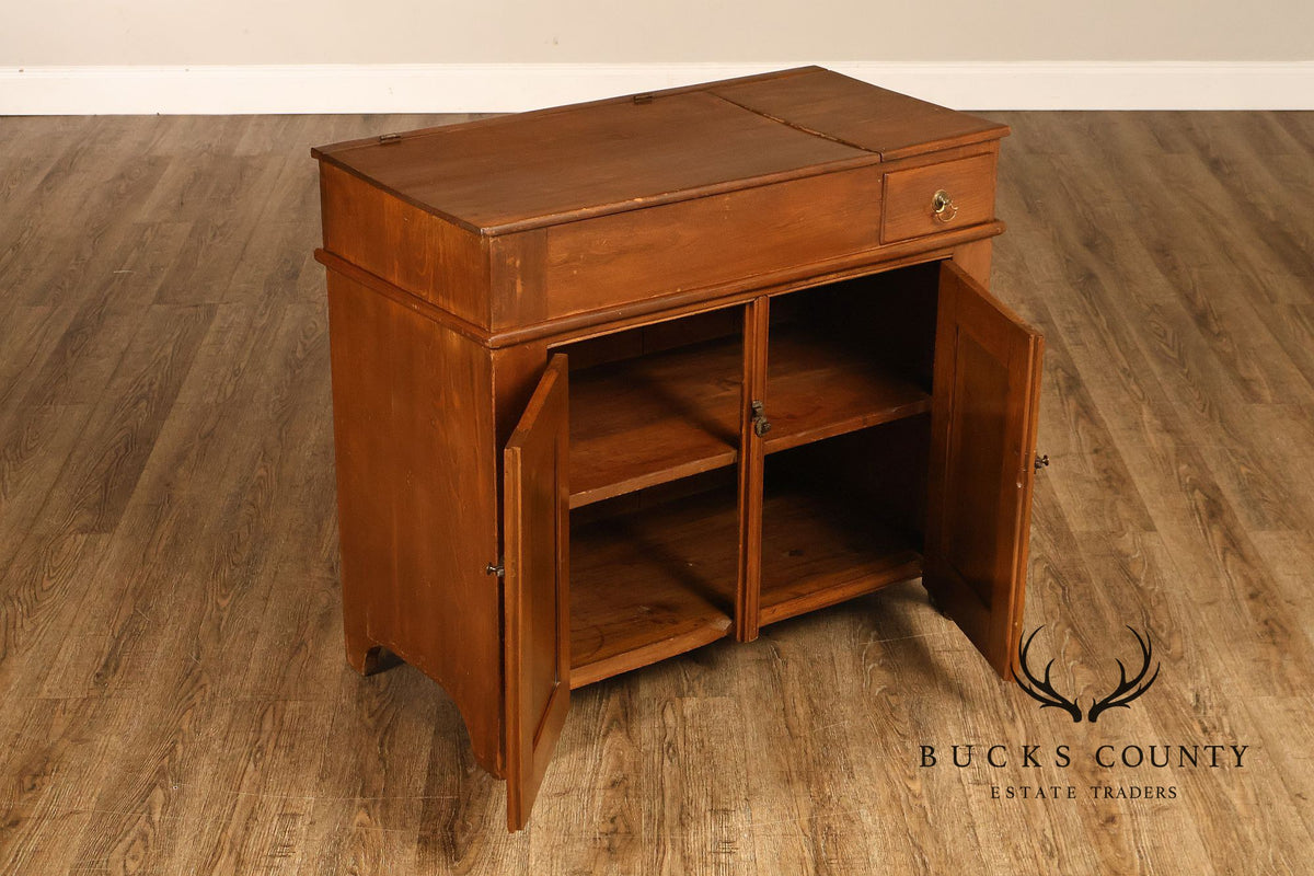 Antique Primitive Wood Dry Sink With Lift Top And Paneled Cabinet