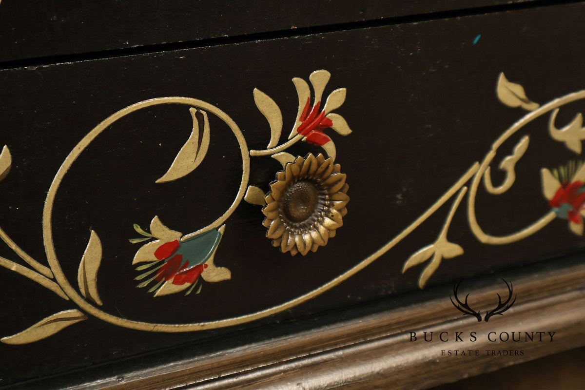 Hand Painted Black Floral Decorated Blanket Chest With Drawer