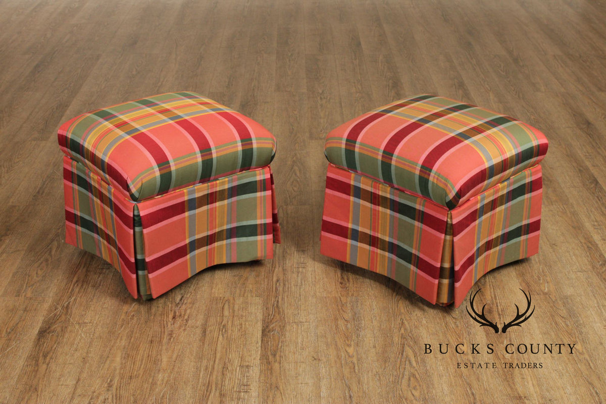 'A Colony Original'  Pair Of Upholstered Plaid Skirted Ottomans