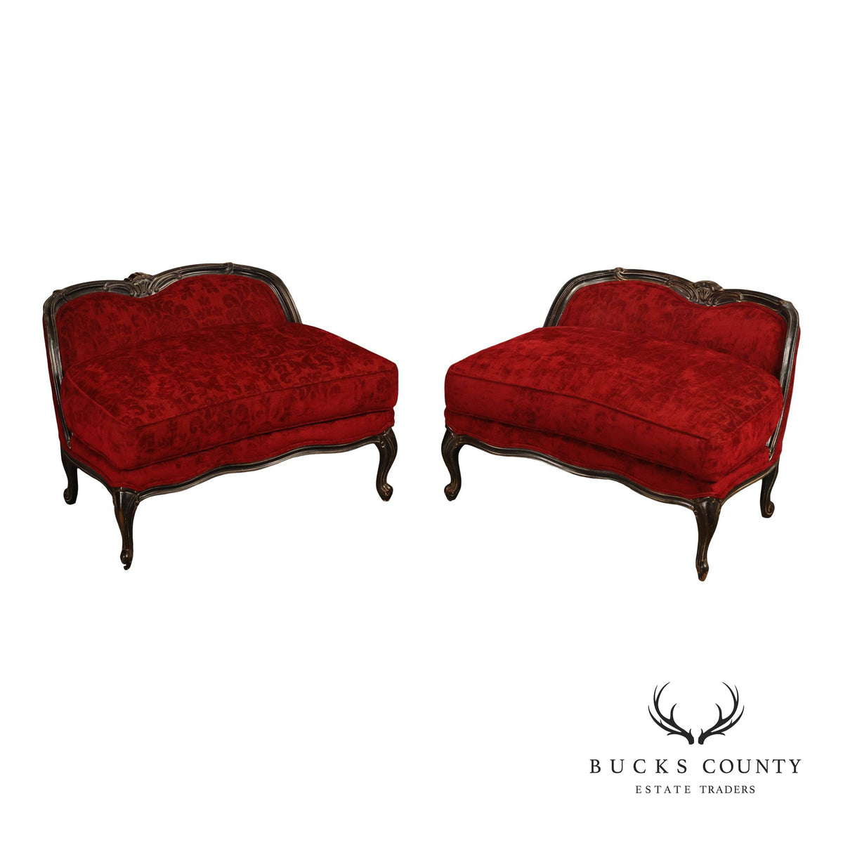 Henredon Louis XV Style Pair Of Red Upholstered Bergère Lounge Chairs