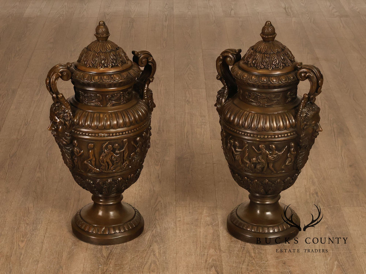Neoclassical Style Large Pair Of Cast Bronze Covered Urns With Figural Relief
