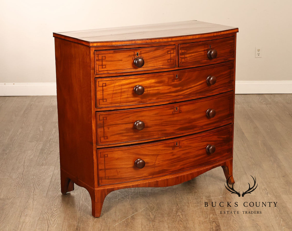 Antique English Sheraton Style Inlaid Bow Front Chest Of Drawers