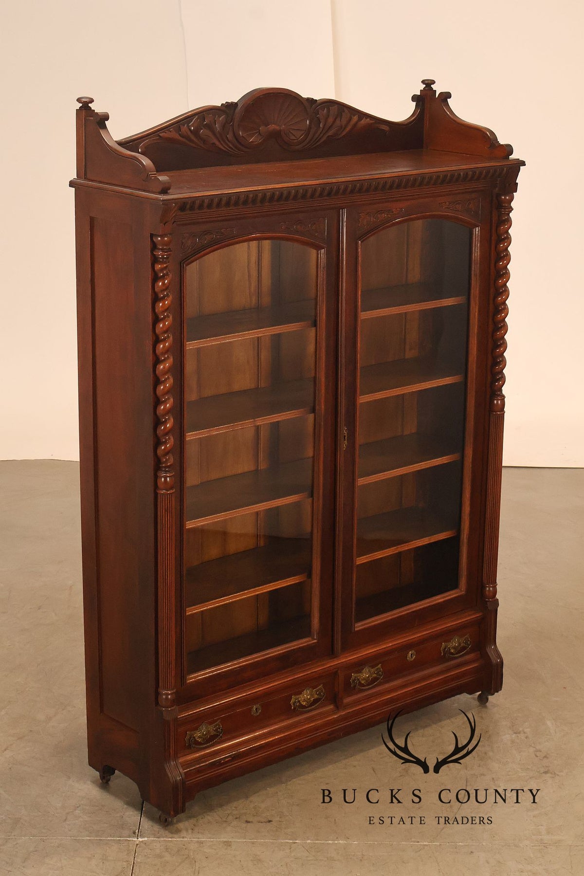 Antique Victorian Carved Walnut and Glass Bookcase
