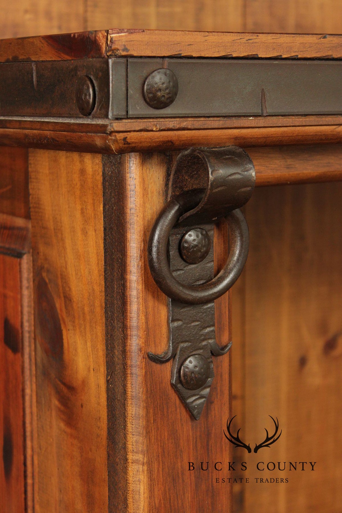 Rustic Spanish Colonial Style Pine Iron Mounted Sideboard Hutch