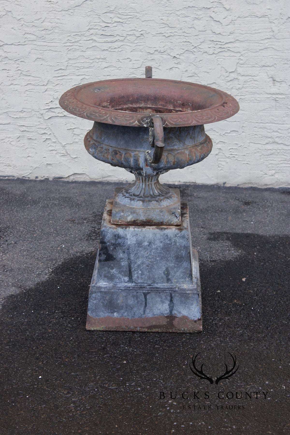 Vintage Cast Iron Neoclassical Garden Urn On Pedestal