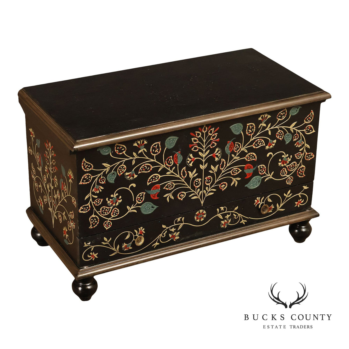 Hand Painted Black Floral Decorated Blanket Chest With Drawer