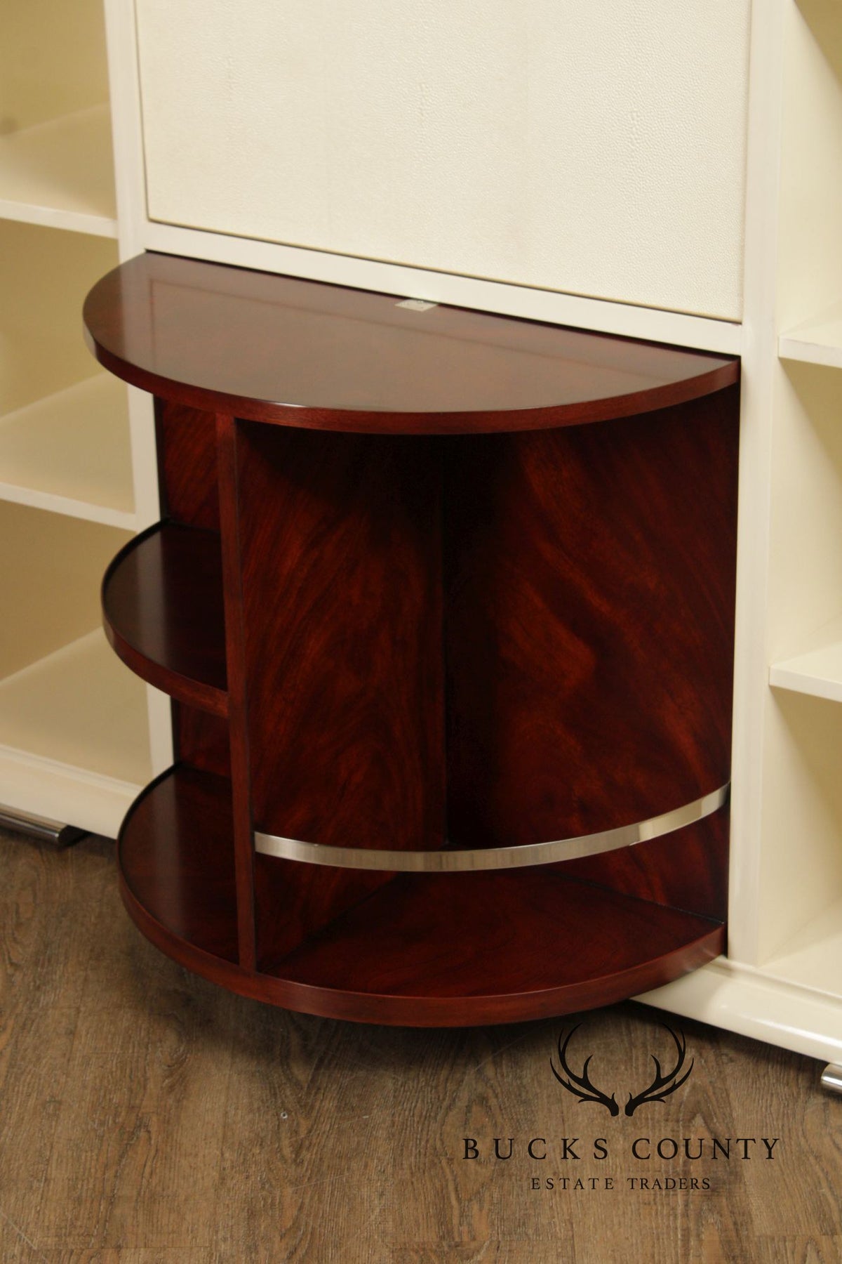 Modern White Lacquer Dry Bar Cabinet With Hidden Mahogany Interior And Rotating Shelves