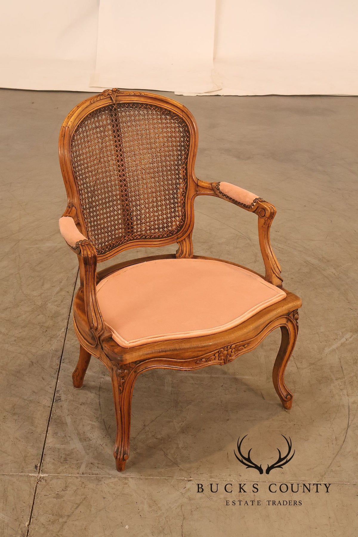 Antique French Louis XV Style Pair Of Carved Wood Caned Armchairs