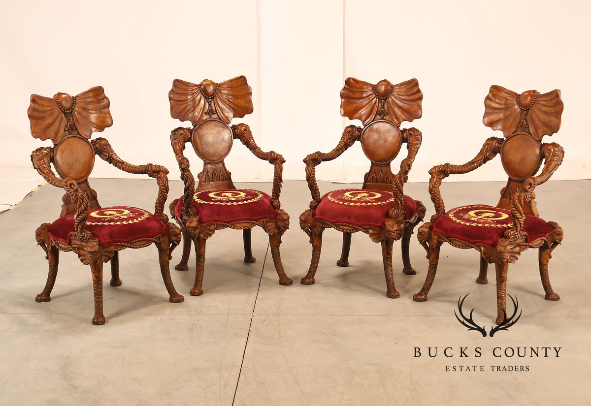 Anglo-Indian Set Of Four Carved Elephant Armchairs